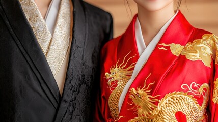 A couple dressed in traditional attire, featuring a black kimono and a red kimono adorned with golden dragon patterns.