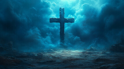 Fototapeta premium Majestic cross in the sky surrounded by soft clouds, symbolizing hope and spiritual inspiration, perfect for Good Friday and Easter Sunday concepts with blurred caption space on the side