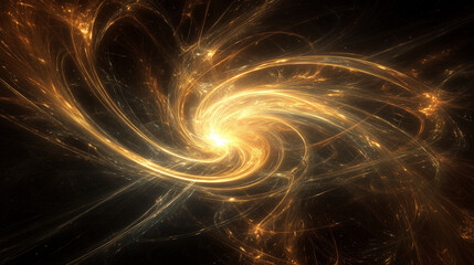 宇宙空間を高速で回転する幻想的な金色の火花の渦をリアルに描いたAI生成画像