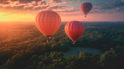 Fototapeta premium Colorful Hot Air Balloons Ascending into a Clear Blue Sky Over Rolling Green Hills Creating a Joyful and Adventurous Atmosphere in a Picturesque Landscape During Daylight Hours