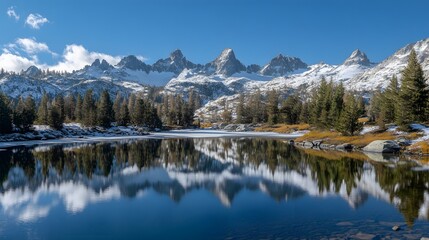 Snow-covered mountain peaks with pine trees surrounding a crystal-clear lake reflecting the sky