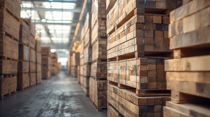 Fototapeta premium Warehouse of Wooden Beams: Industrial Lumber Storage
