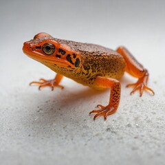 A close-up of a vibrant orange newt on a white background.