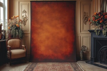 Rustic orange backdrop in antique room setting. Ideal for product photography, adding warmth and vintage feel.