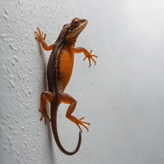 A newt climbing an invisible wall against a white backdrop.