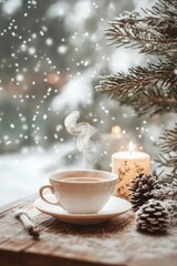 Fototapeta premium Candle and decoration by window with beautiful winter scene outside.
