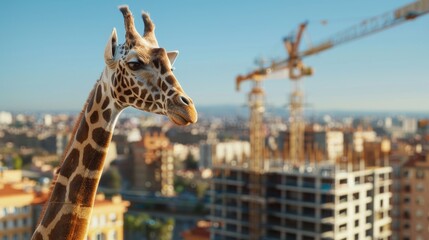 Obraz premium Giraffe staring over a large cityscape with tall buildings and construction sites. Natural wildlife interacting with urban development.