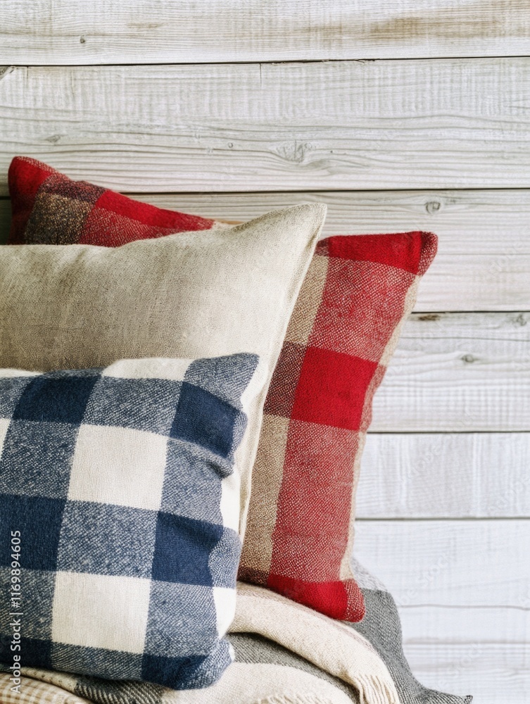 Poster a collection of decorative pillows and throw blankets in various patterns and textures, displayed fo
