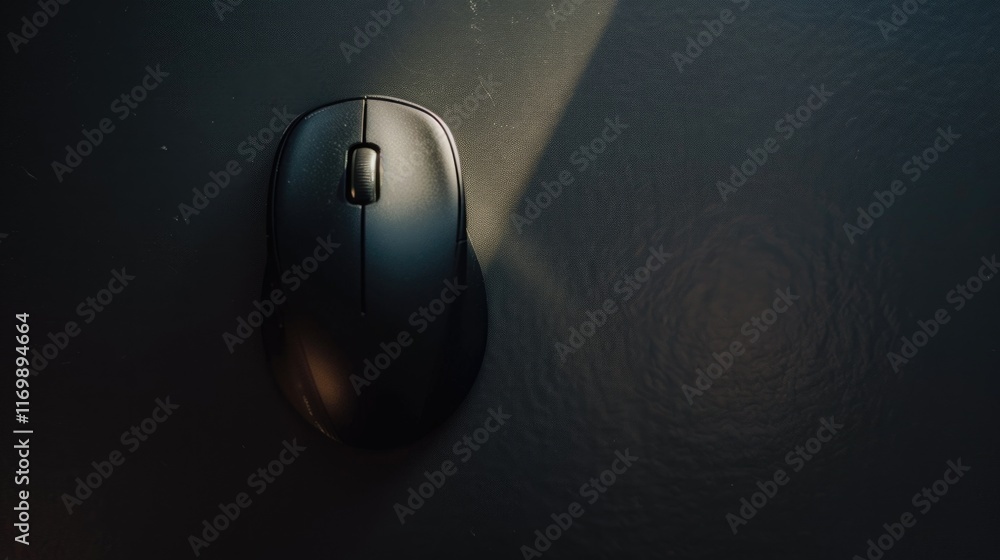 Poster a wireless black computer mouse with a scroll wheel.