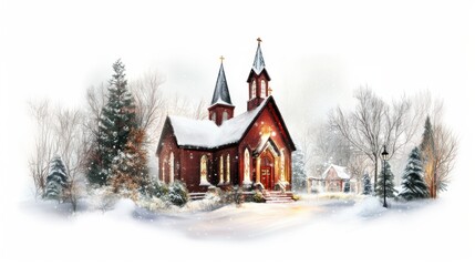 Church and winter forest covered by heavy snow.