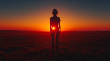 Fototapeta premium Woman Silhouette Sunset Field Landscape