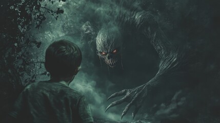 Boy in the face of an underwater monster, a scene from horror or thriller movie.