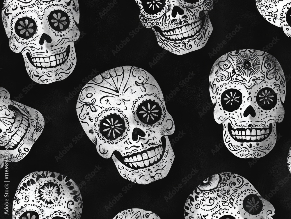 Poster Collection of white skulls with intricate floral designs on them. The skulls are arranged in a pattern, with some overlapping and others standing alone. Scene is whimsical and playful
