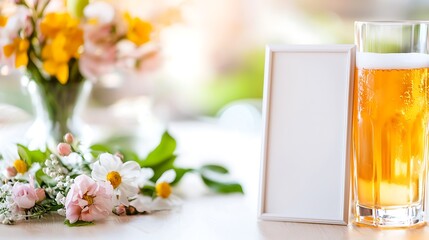 Blank photo frame, beer glass, flowers on table.