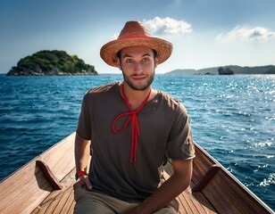 man wearing straw hat with red string on boat