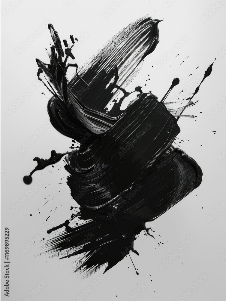 Poster ink art with texture of dripping and splatters over a white background.