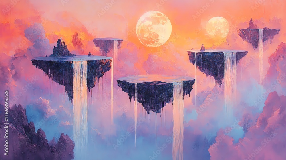 Poster a surreal painting depicting five floating islands in a pink sky with two moons. waterfalls cascade 