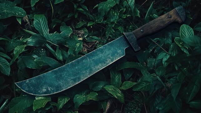 A large, weathered machete resting on lush green foliage.