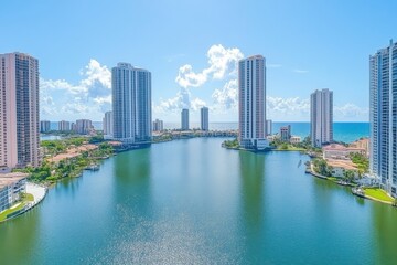 Fototapeta premium Luxury high-rise condos by ocean. Ideal for real estate, travel, and coastal living websites.