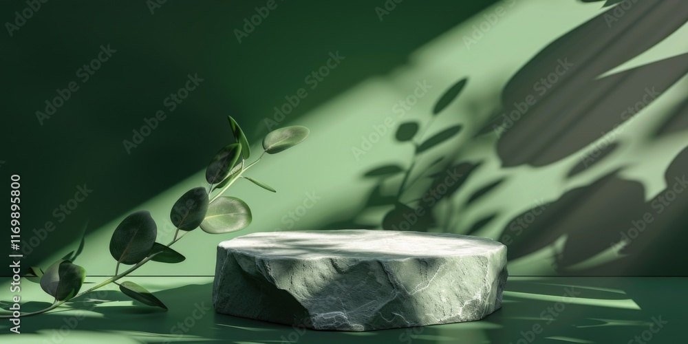Poster a single stone set on a surface with minimal greenery, creating an atmosphere of simplicity and zen.
