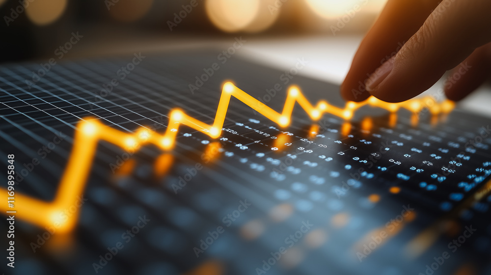 Poster hand is touching a graph with a yellow line. the graph is showing a downward trend. scene is serious