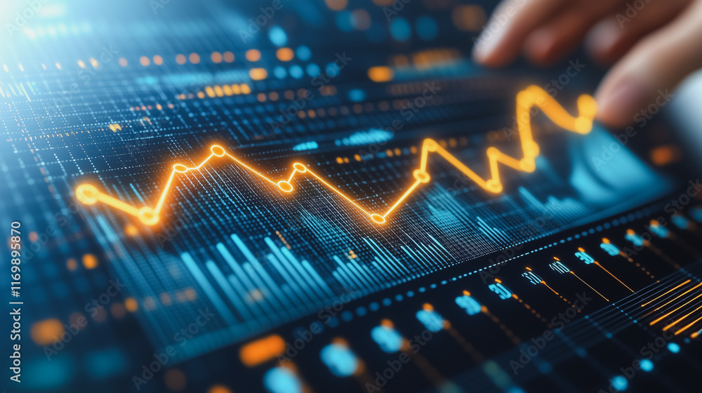 Poster hand is hovering over a graph with a yellow line. the graph is filled with numbers and lines, and th