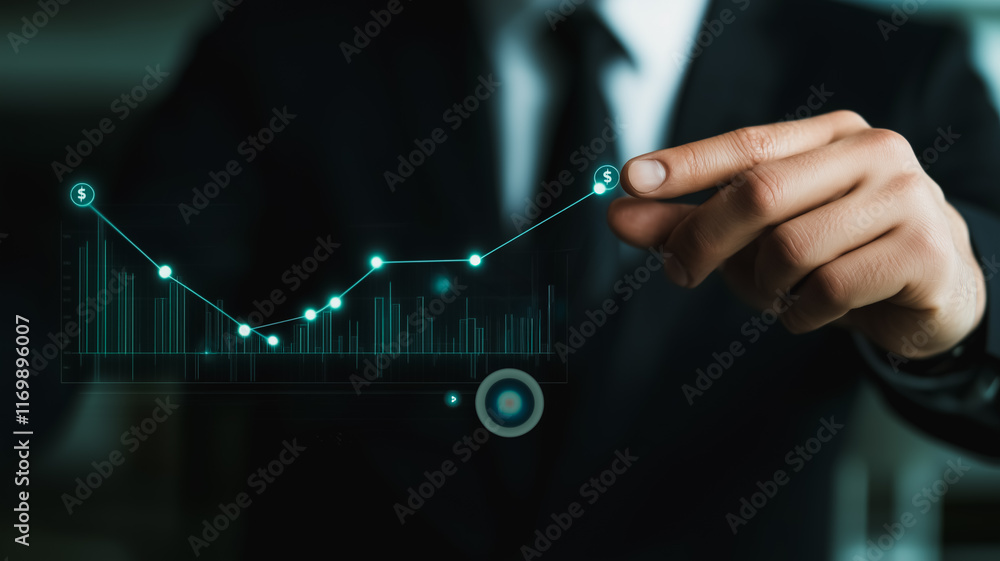 Poster man in a suit is drawing a graph with a downward trend. the graph is green and blue, and the man is 