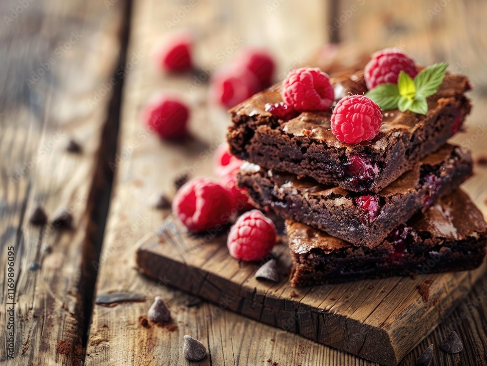 Poster stack of brownies with raspberries on top. the brownies are piled on top of each other and there are
