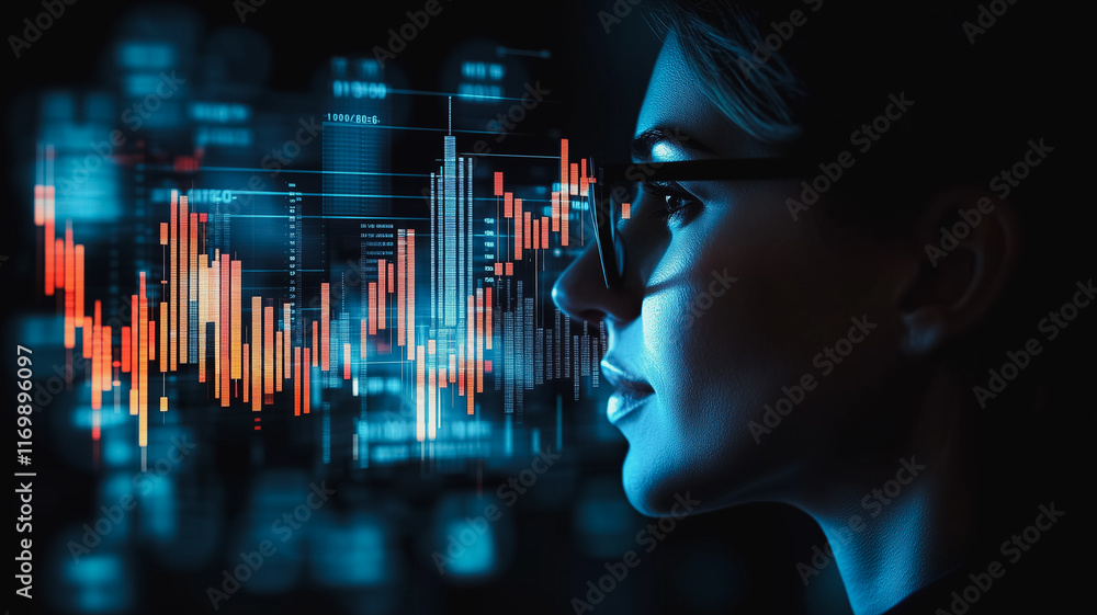 Poster woman is looking at a computer screen with a lot of numbers and lines. concept of complexity and inf