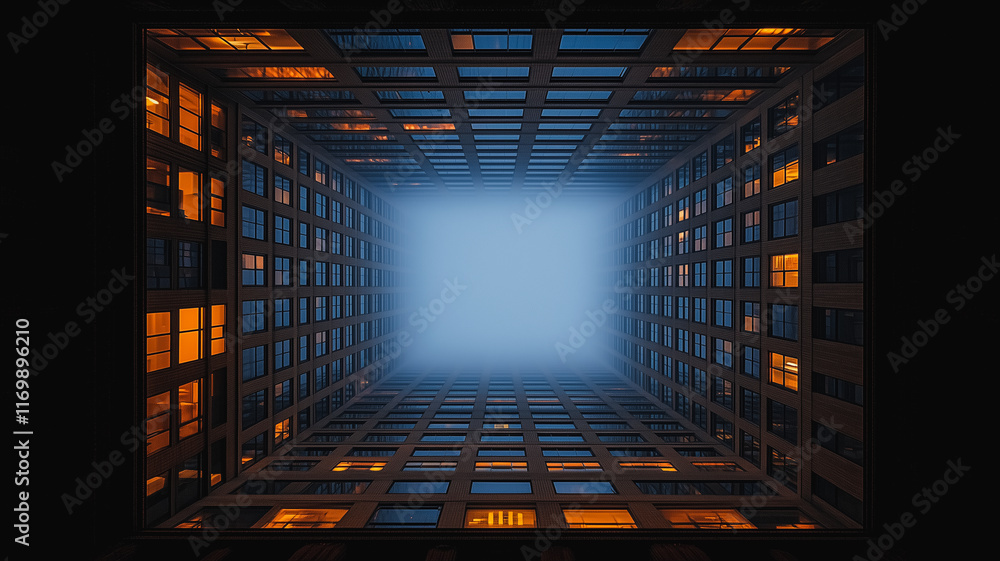 Poster building with a large window in the middle of it. the window is surrounded by many other windows