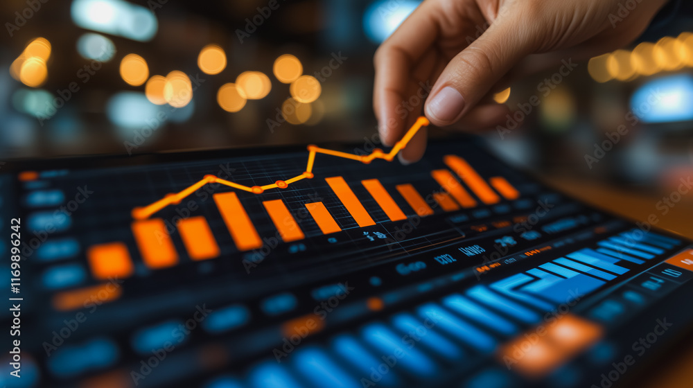 Poster person is pointing at a graph on a tablet. the graph shows a downward trend, which could indicate a 