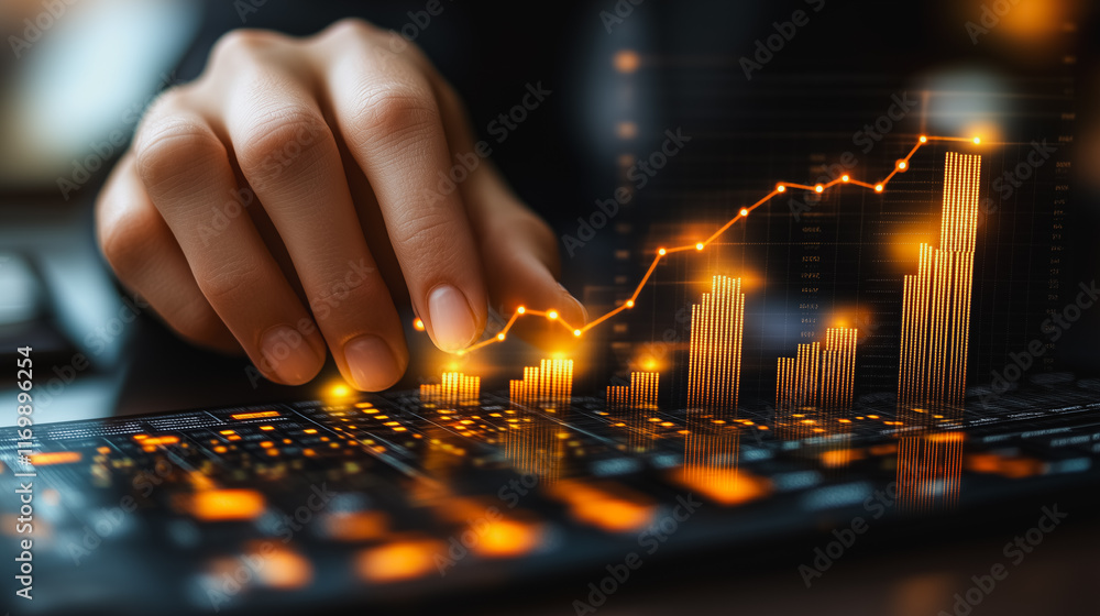 Poster person is using a keyboard to type on a computer screen with a graph of numbers. the graph is showin