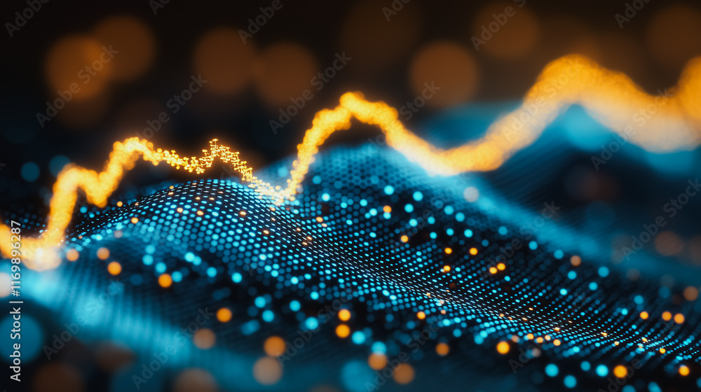 Poster blue and orange line graph with many dots. the graph is abstract and has a futuristic feel to it