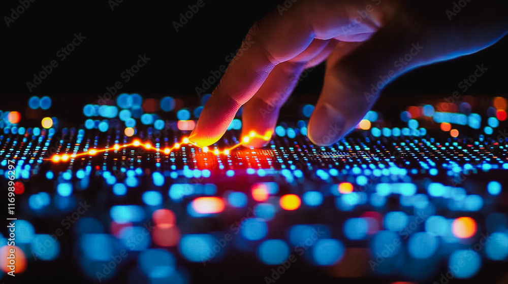 Poster hand is pointing at a screen with a lot of blue and red lights. concept of excitement and energy, as
