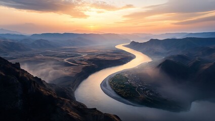 Fototapeta premium A breathtaking view over a winding river, framed by majestic mountains under a golden sunset, revealing the tranquil beauty of nature in this picturesque landscape.