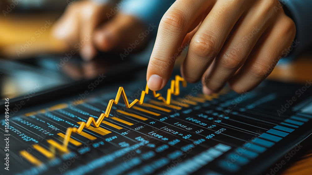Aufkleber person is pointing at a graph on a tablet, possibly indicating a trend or a specific data point