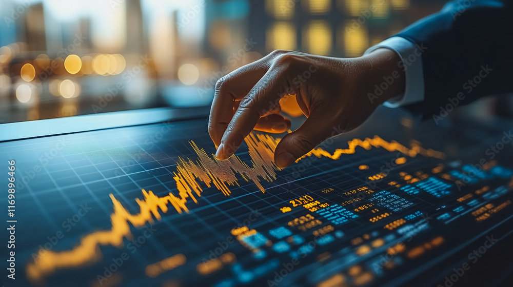 Poster hand is pointing at a graph on a computer screen. the graph shows a downward trend in the stock mark