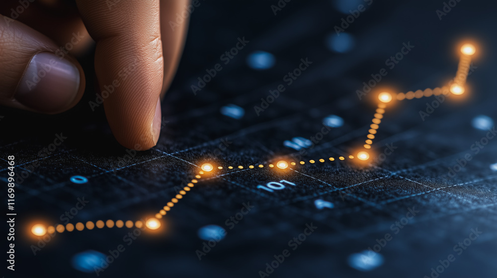 Poster hand is pointing at a graph with a series of dots. the graph appears to be a line graph, and the dot