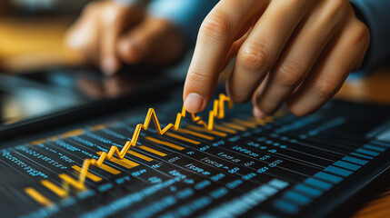 Person is pointing at a graph on a tablet, possibly indicating a trend or a specific data point