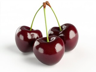 Fresh shiny cherries with green stems