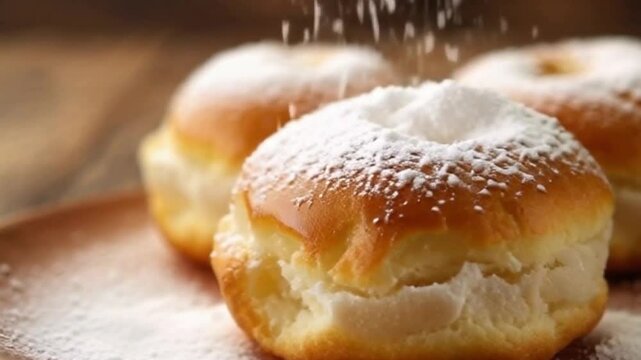 Vanilla sugar cronut with powdered sugar falling and golden glaze, set in warm lighting with a rustic wood and blurred backdrop