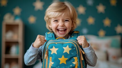 Excited child holding a backpack.  Happy, joyful, ready for school,  carrying  backpack  childhood