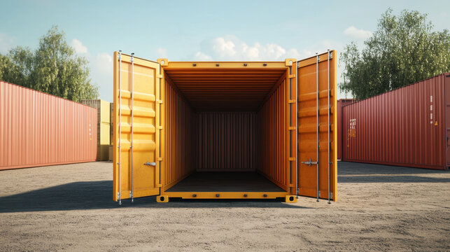 open shipping container showcasing spacious interior, surrounded by other containers in storage yard. bright yellow color stands out against backdrop
