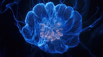 Glowing blue jellyfish underwater, close-up view.