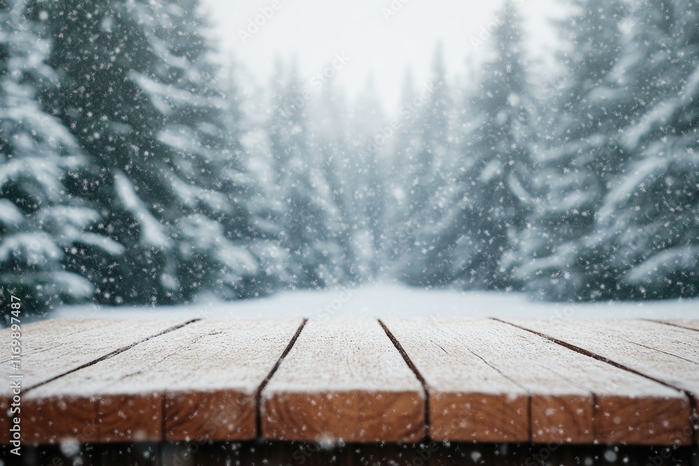 Poster snowy forest with trees covered in snow. the snow is falling and the trees are bare