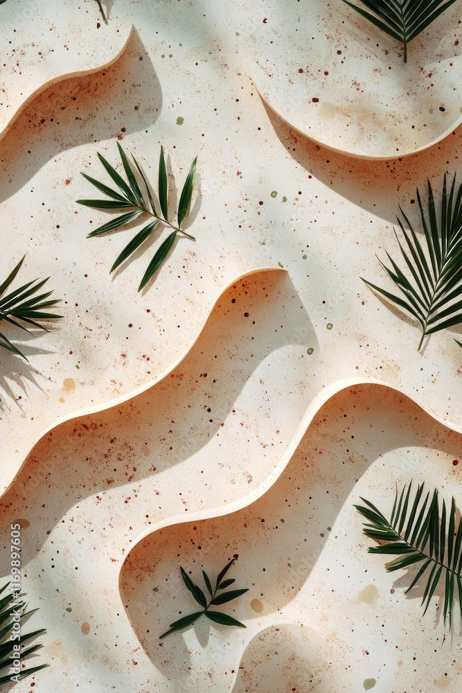 Poster beach scene with palm trees and a wave. the palm trees are scattered throughout the scene, with some