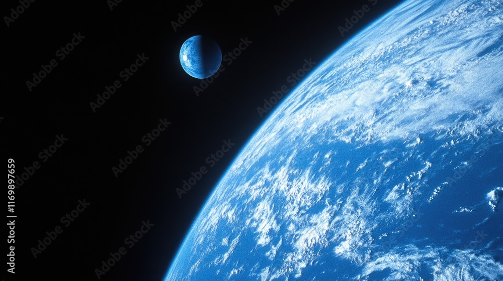 Poster blue planet with a moon in the sky. the moon is in the lower right corner of the image