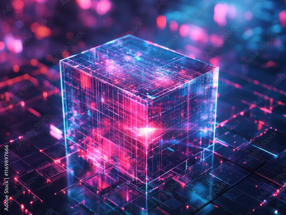 Poster cube with a red light shining on it. the cube is surrounded by a blue and purple background