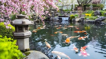 A beautiful Japanese garden with tranquil ponds, koi fish, and stone lanterns surrounded by cherry blossoms in full bloom