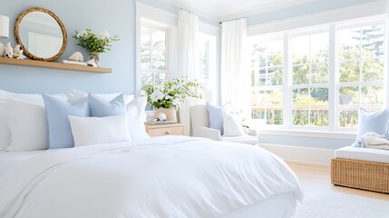 Bright, airy bedroom with white bedding, blue accents, and large windows overlooking a garden.